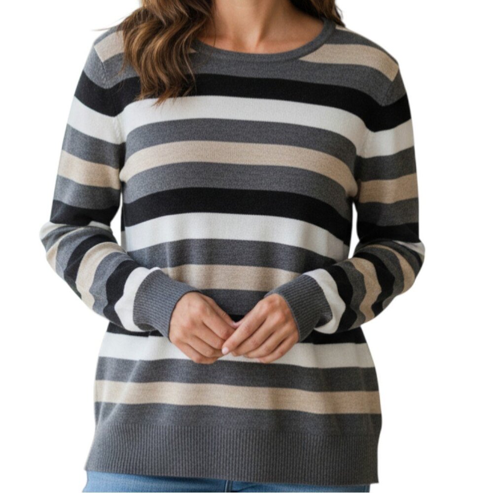 LIZ CLAIBORNE Gray Cream Tan Striped Long Sleeve Classic Soft Sweater - Size XL
